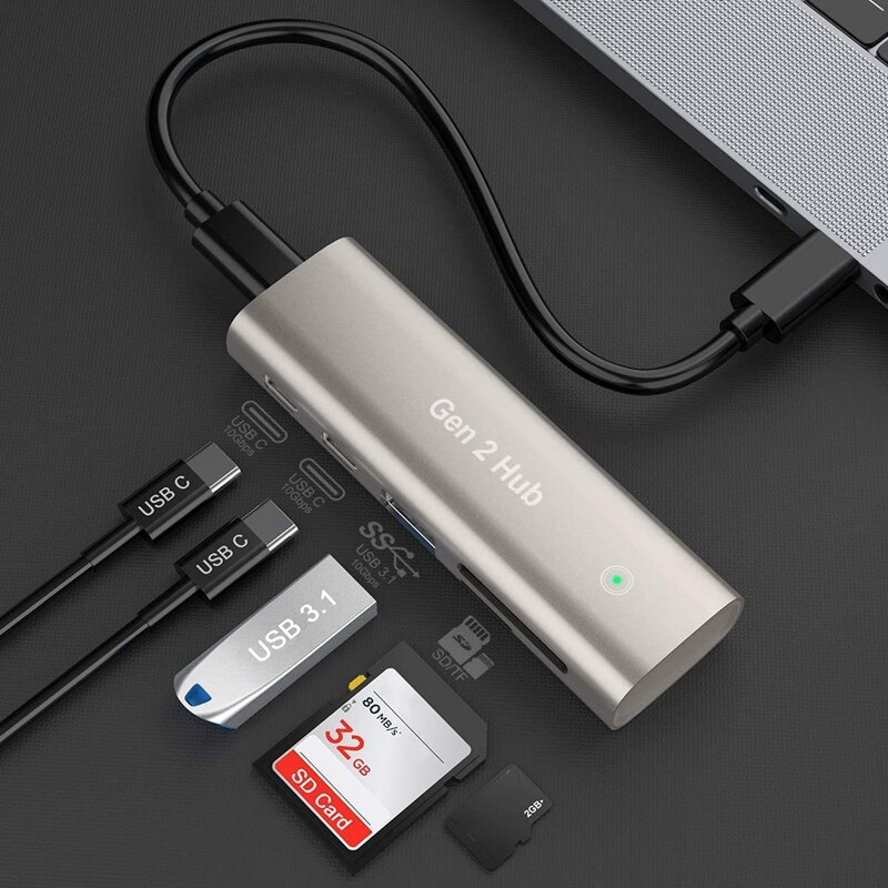 USB 3.1 Gen 2 Hub with USB 3.0, Dual C Ports and SD / TF Slot for , Surface Pro, USB C Laptop and More
