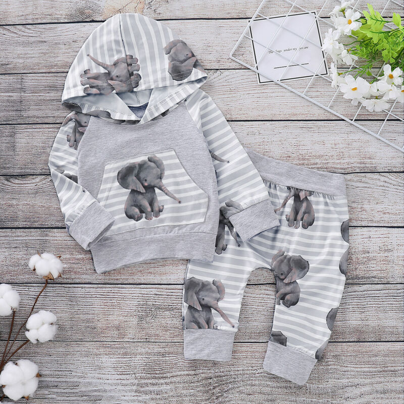 Kinder babyjongen herfstkleding 3d olifant capuchon jassen tops + broeken set van 2