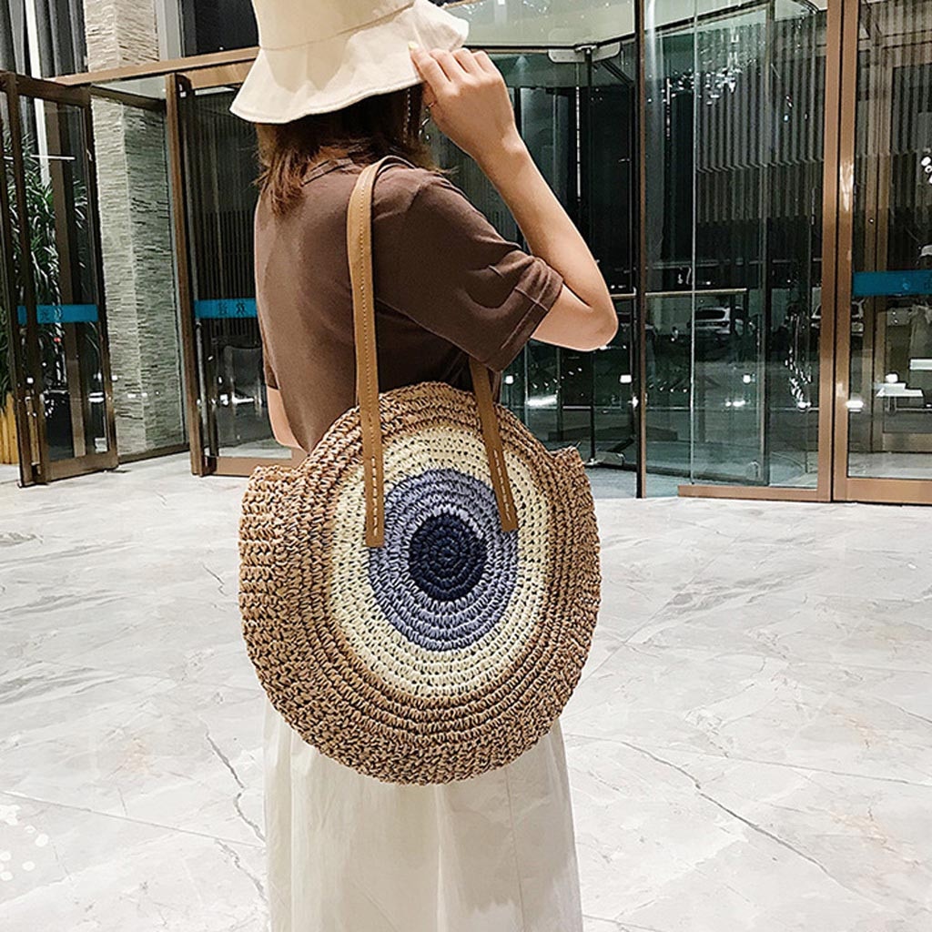 Round Straw Beach Bag Vintage Handmade Woven Shoulder Bag Raffia circle Rattan bags Bohemian Summer Vacation Casual Bags #H25