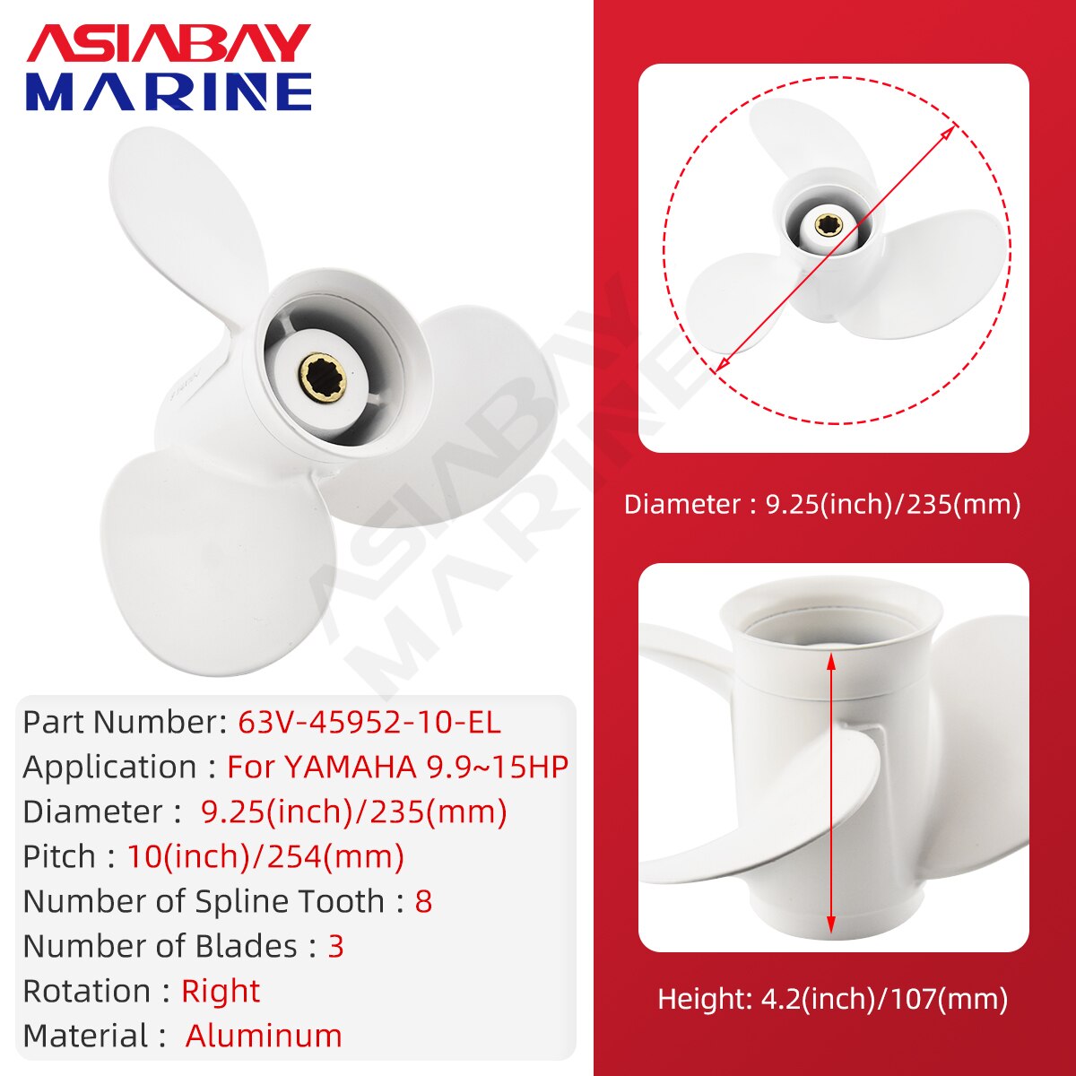 Outboard Propeller For Yamaha 9.9hp 15hp 9 1/4 *10 Boat Aluminum Alloy Screw 3 Blade 8 Spline Marine Engine Part 63V-45952-10-EL