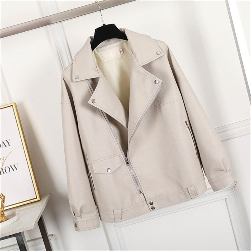 Goohojio Beige Pu Jassen Vrouwen Herfst Faux Lederen Bovenkleding Casual Oversized Motorfiets Biker Leren Jas Vrouwelijke