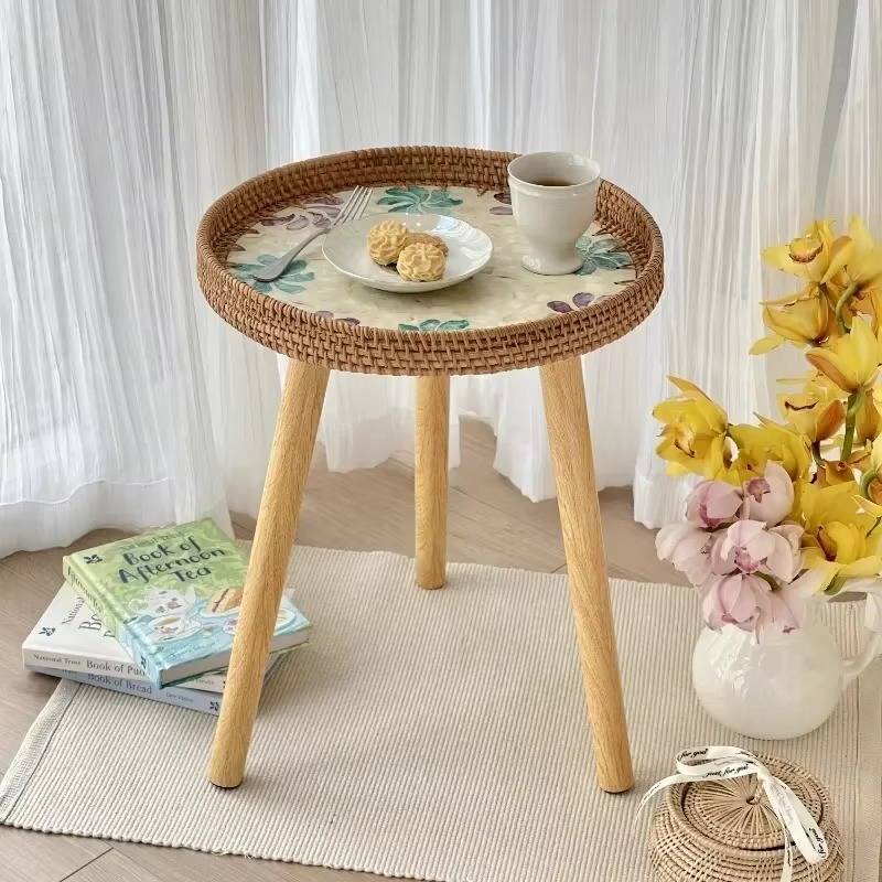 Mesa con bandeja redonda portátil, de ventanal japonés, mesa auxiliar compacta, solución de almacenamiento para sala de estar, mesa con bandeja compacta.
