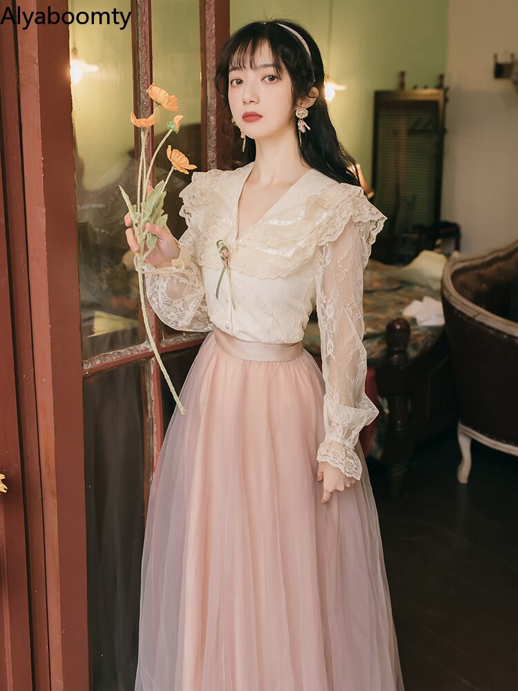 2022 Mori Girl Spring Autumn Women 2 Pcs Set Turn-Down Collar Sweet Lace Top+Pink Mesh Long Skirt Feminine Party Suit