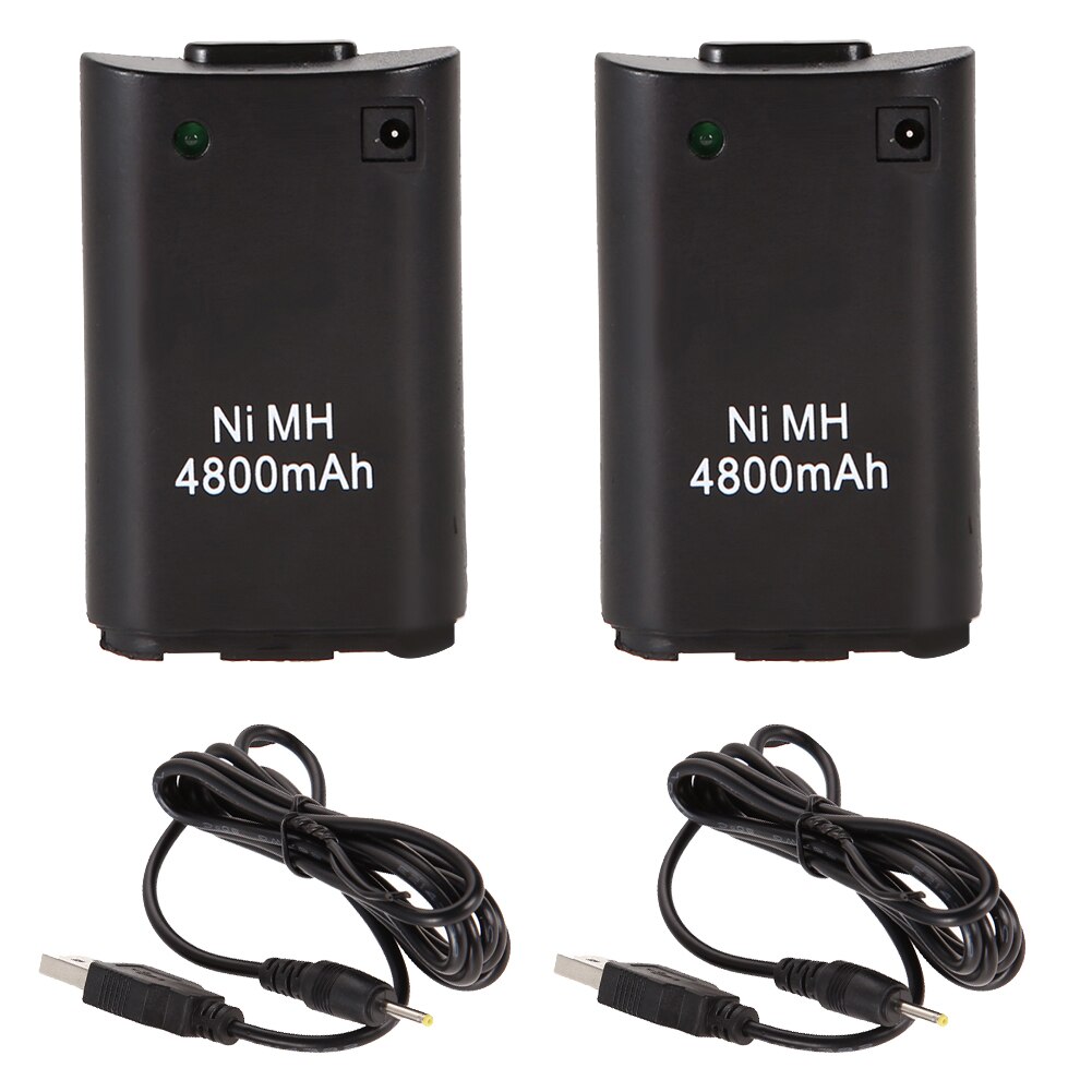 Lot de 2 batteries de rechange noires 4800 mah + câble de chargement usb pour manette de jeu sans fil xbox 360