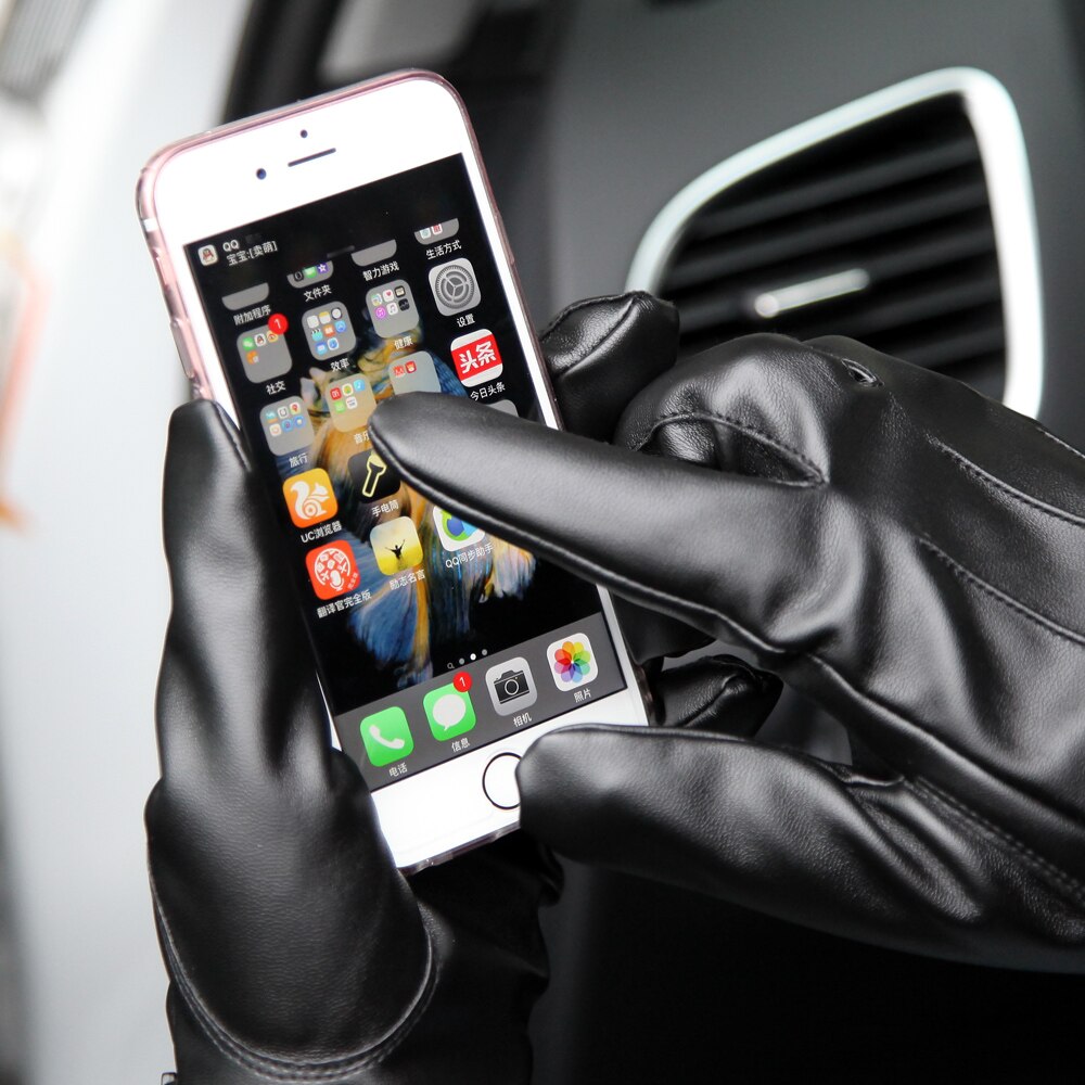 Luvas de couro do plutônio masculino outono inverno mais veludo engrossar manter quente condução à prova de vento couro sintético homem luvas pm008pc