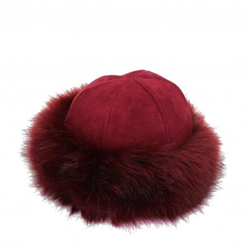 Women&#39;s Winter Fur Hat Dome Mongolian Hat Mongolian Men Women Winter Faux Fur Suede Fluffy Beanie Warm Thick Hat Snow Cap: Wine Red