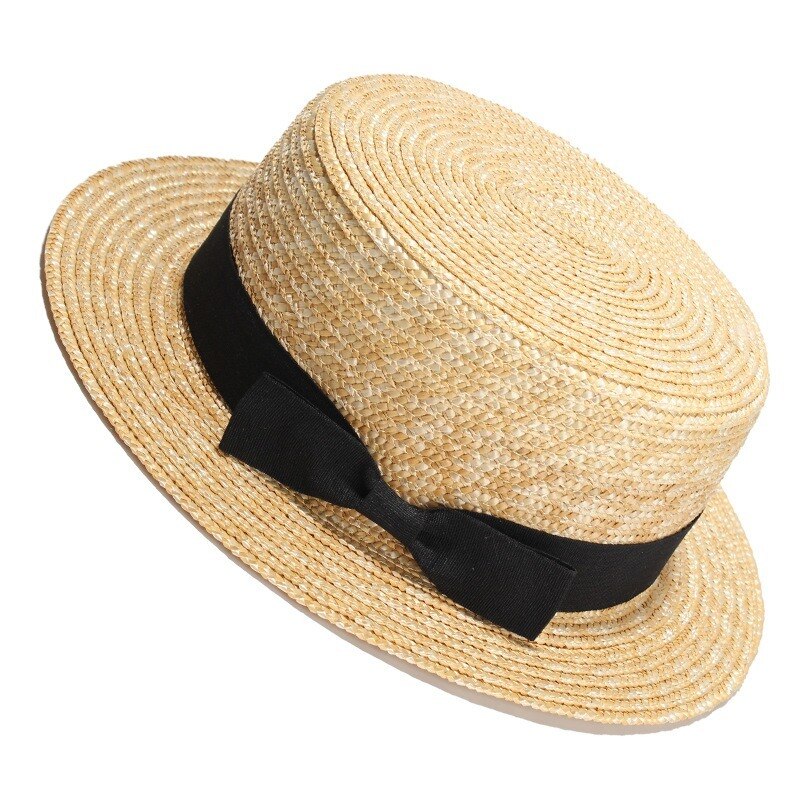 Sun Hats Natural Wheat Straw Boater Top Hat Women Summer Beach Flat Brim Cap Bowknot Ribbon for Sombreros De Sol