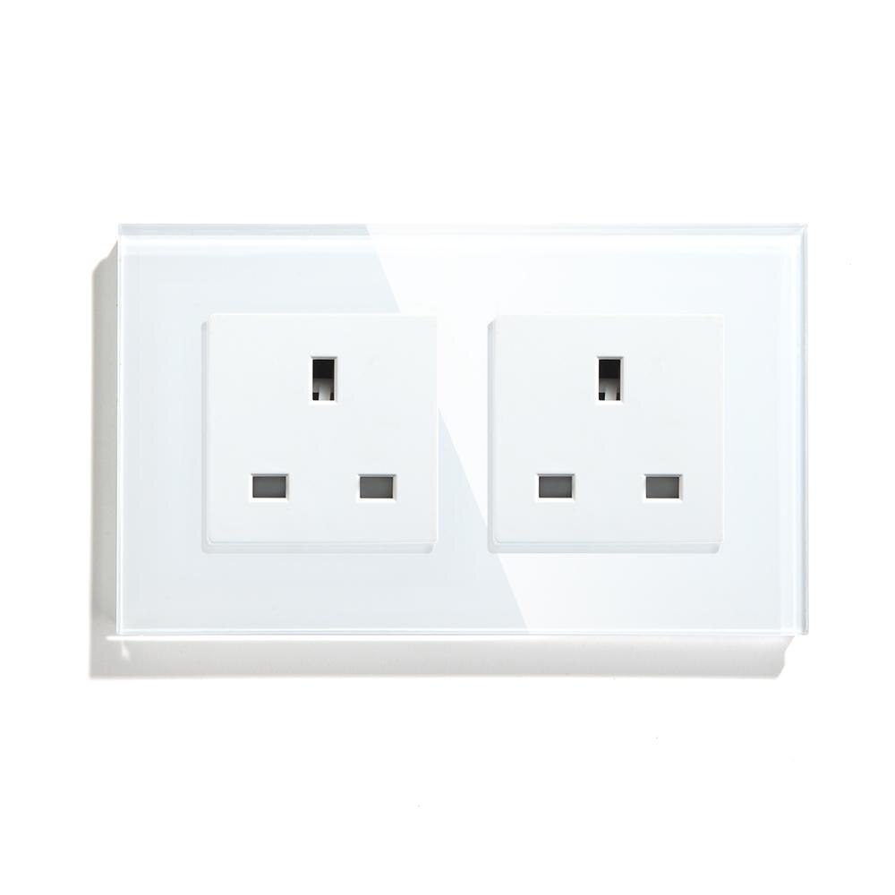 BSEED UK Standard Double Socket Wall Socket 110V-250V White Black Gloden Crystal Glass Panel 146*86mm: White