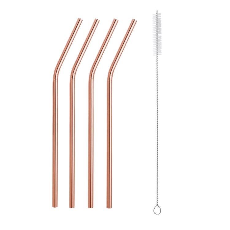 Acero inoxidable 304 pajilla de Metal pajilla reutilizable + 1 cepillo respetuoso del medio ambiente de paja recta curva cepillo de limpieza de la barra del Partido de accessories20Oz: B-Rose gold  5PC
