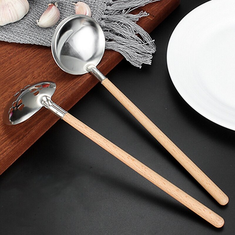 Wooden Handle Wok Spatula 304 Stainless Steel Spatula Cooking Utensils Spoon Long Handle Large Size Turner Fried Steak Shovel