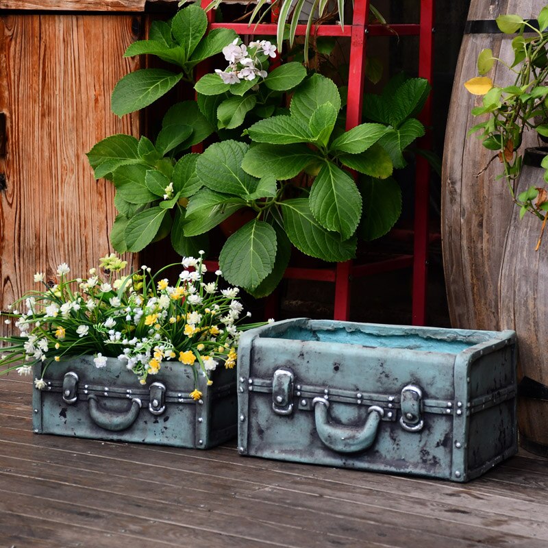 Bloempot Rechthoekige Retro Blauw Koffer Sculptuur Bloempot Groen Rose Venster Succulent Bloempot Tuinieren Tuin Decoratie