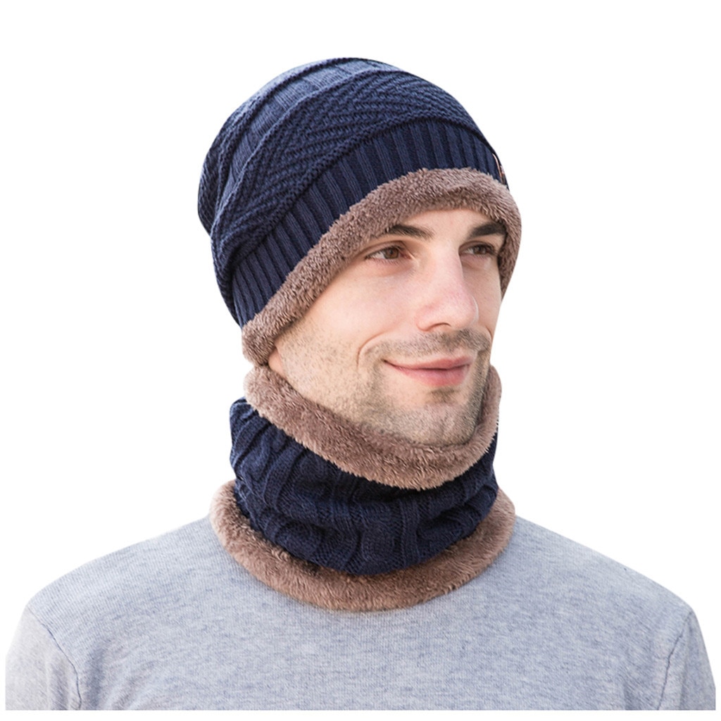 Heren Winter Hat Cap Kraag Set Winddicht Plus Fluwelen Dikke Gebreide Hoed Effen En Uitlaat Mannen Warme Muts Sjaal set Motorkap Femme Hiver