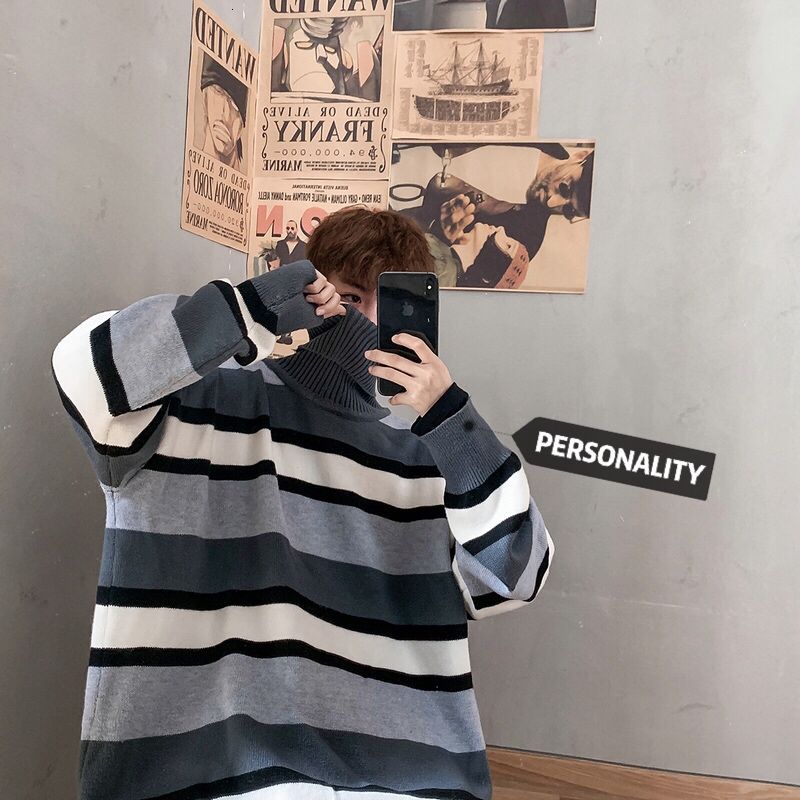 Vinter randig turtleneck tröja herr varma casual stickad tröja män vilda lös koreanska stickning tröjor herrkläder