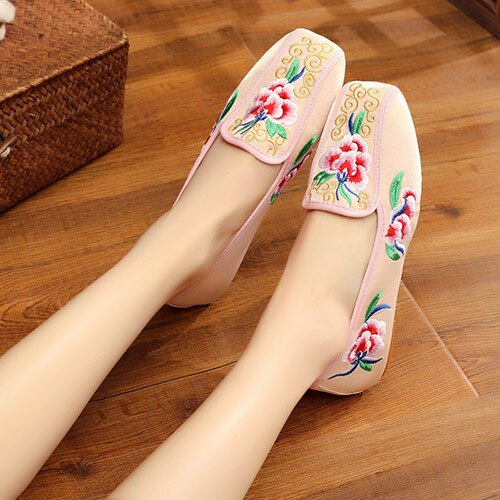 Veotalk-mocassins brodés en tissu coton pour femmes, chaussures plates, haut de gamme, Style chinois vieux pékin, collection sans lacet, collection décontracté: Rose / 6
