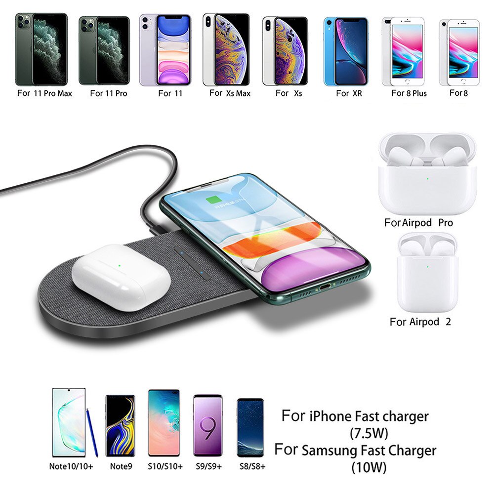 20w rápida estação de carregamento sem fio para samsung s20 s10 dupla 10w 2 em 1 carregador sem fio almofada para iphone 11 xs xr x 8 airpods pro