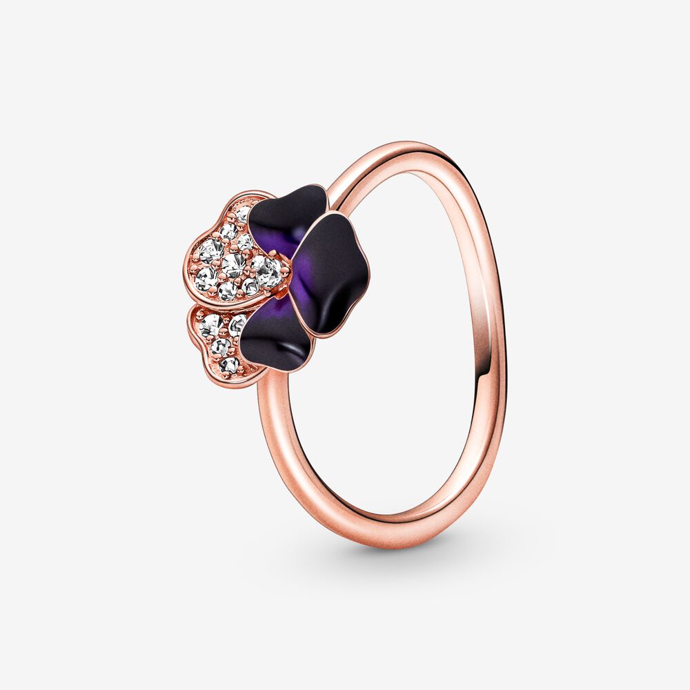 2022 neue Rose Gold Tiefe Lila Stiefmütterchen Blume Zucht Ohrringe Ring 1einstellen Für Frauen Luxus Schmuck