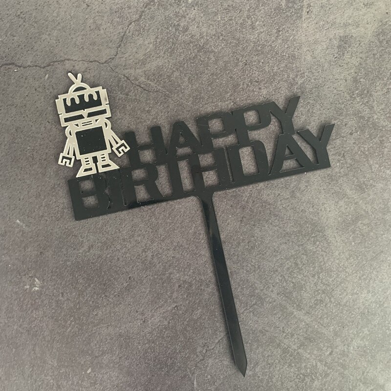 Cute style birthday robot and gear theme Cake Inserted Card DIY Acrylic Cake Toppers party  dessert table cake decoration: Silver robot