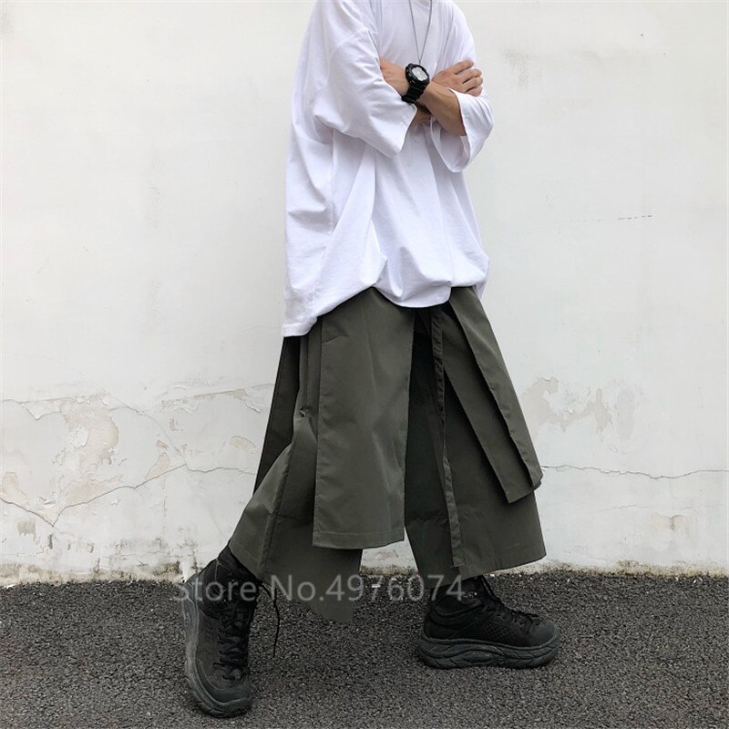Pantalones de pierna ancha de estilo japonés para hombre, Pantalón recto Irregular, Harajuku, negro, ropa de samurái, Unisex, estilo Hip Hop urbano: Green / M