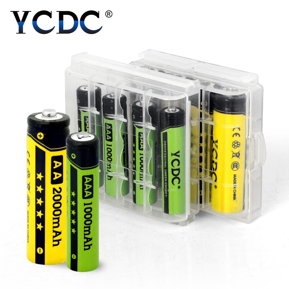 Ycdc 8 pces = aa + aaa baterias recarregáveis 1.2v ni-mh 1000mah aaa + 2000mah aa nimh bateria com células segurar caixa do caso