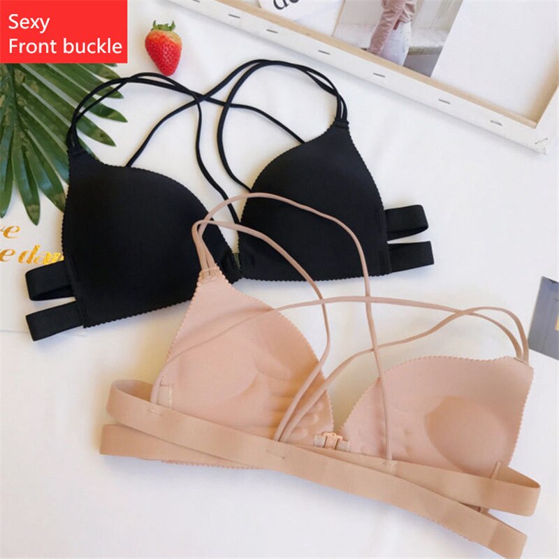 Sexy Sujetador Front buckle Push up bra tazas un corazón Delgado halter sujetador correas Cruz espalda femenina ropa interior