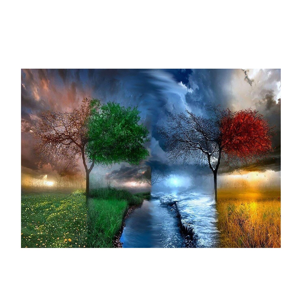 Peinture à l'huile avec numéros de paysage d'arbres sans cadre, quatre saisons, bricolage sur toile, création pour enfants et adultes: B
