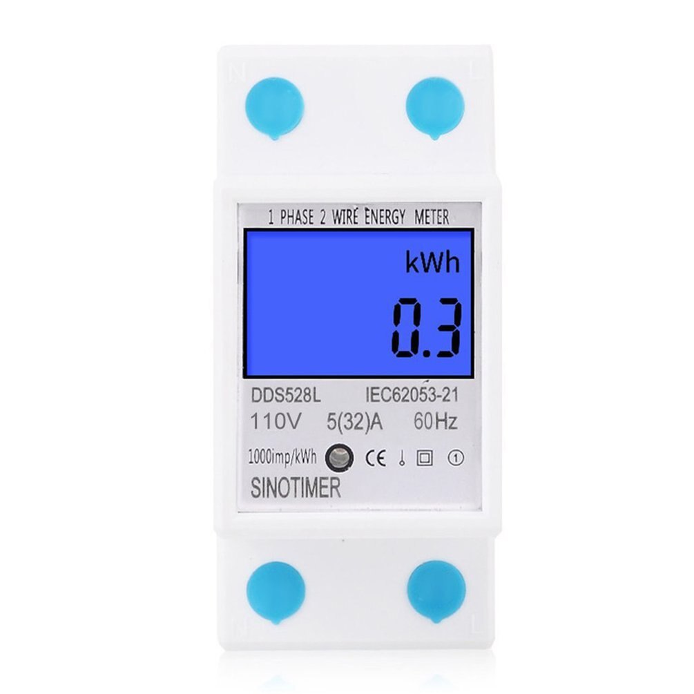 SINOTIMER Single Phase Energy Meter Home DIN Rail LCD Digital No Reset kWh Voltage Current Power Consumption Meter Wattmeter: 110V with backlight
