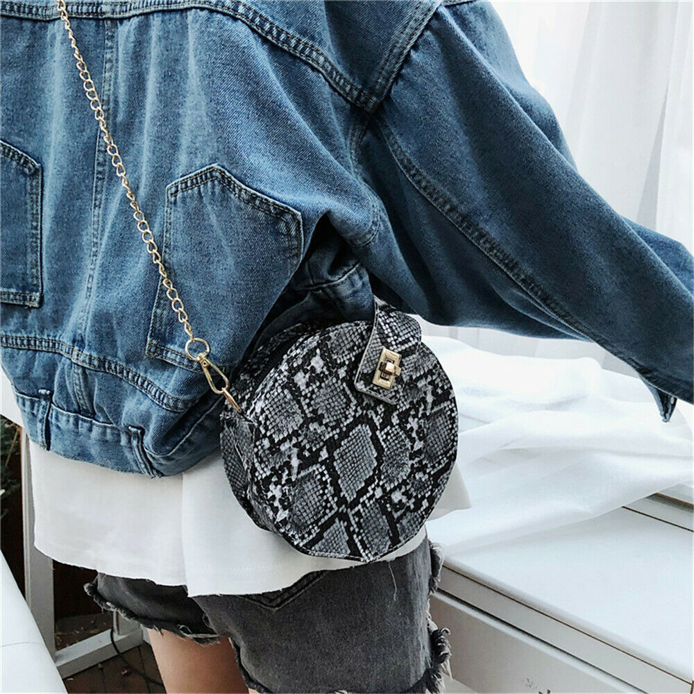 Bolsa feminina redonda pu de ombro, de ombro, de cobra, estampada, de mensageiro, de sacola, imperdível