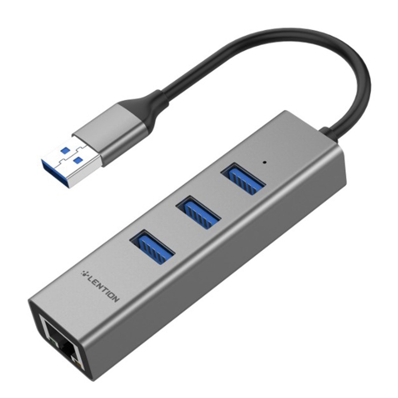 LENTION 3-Port USB 3.0 Hub z gigabitowym sieć Ethernet RJ45 Adapter LAN kompatybilny dla Air/Pro, typ A laptopy: Grey