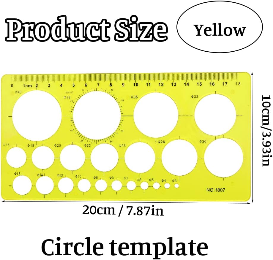 Rectangular circular hole ruler template plastic ruler Quilting tool Geometric template Drawing set for learning office: Yellow