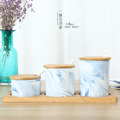 Chinese ceramic seasoning pot Kitchen Tools Gadgets Salt Sugar bowl Canister spice jar Herb Spice Tools Ceramic jar Bamboo box: 2