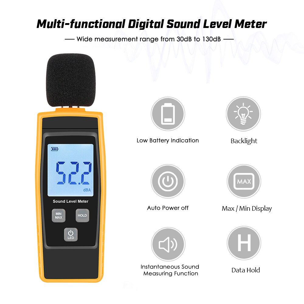 LCD Digital Sound Level Meter DB Meters 30-130dBA Noise Volume Measuring Tool Decibel Monitoring Tester Max/Min/Data Hold Mode