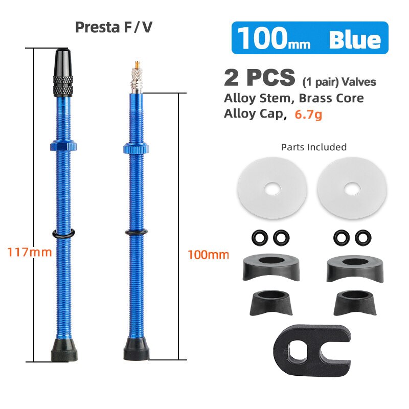 Deemount 2PCS Bicycle Tubeless Tire Presta Valve Brass Core Optional Brass Alloy Stem 40/60/80/100/120mm W/ Alloy Cap &amp; Tool: 100mm Alloy Blue B