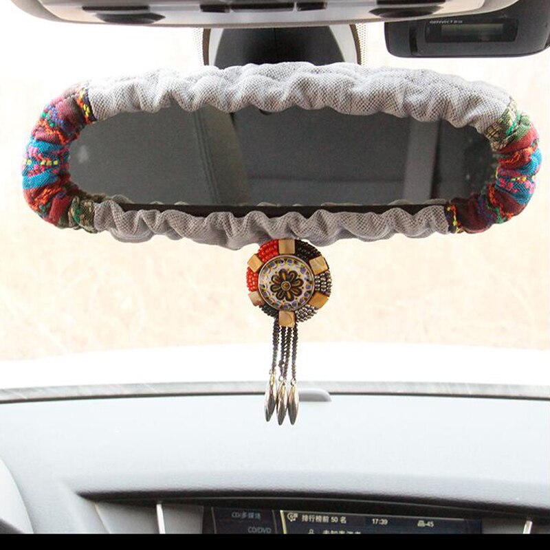 Retro bohemen bil bakspejldæksel indvendigt tilbehør universal perle rhinestone bil spejl dekoration til kvinder piger: Grå