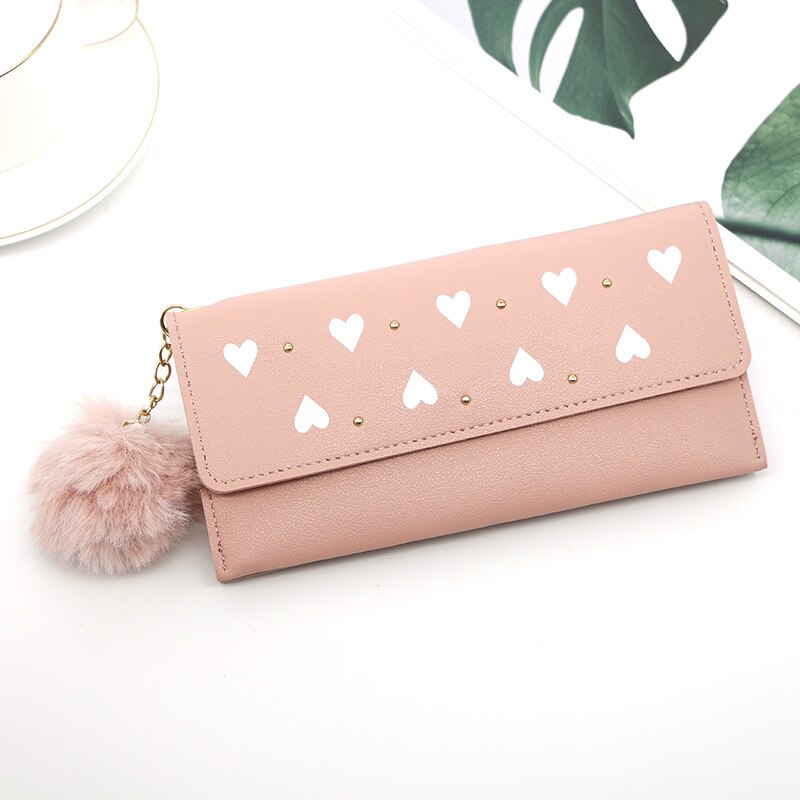 Wallet For Women Retro Rivet Hasp Long Ladies Wallet Card Purse PU Leather Wallet With Fur Ball Ornaments Phone Bag: Light Pink-B