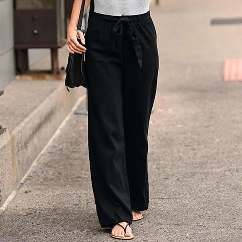 Women Solid Long Pants Women Casual Loose Cotton Linen Lace Up Elastic Waist Wide Leg Trousers Ladies Streetwear Straight Pants: 4XL / black