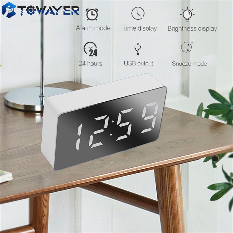 LED Mirror Table Clock Digital Alarm Snooze Display Time Night Light Desktop USB Alarm Clock Home Decor for Children