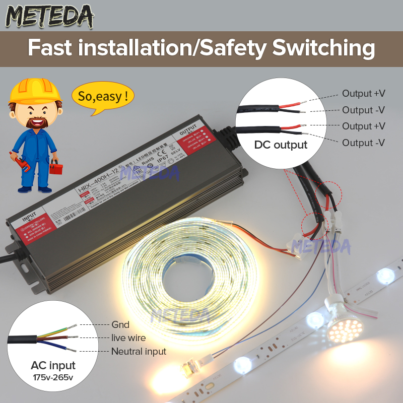 Transformador de iluminación de fuente de alimentación impermeable IP67 AC100V ~ 277V a DC 12V 24V Controlador LED 100W 200W 300W 400W 500W adaptador para exteriores
