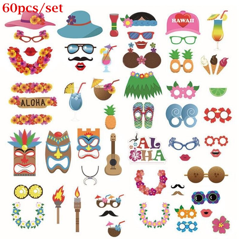 Hawaii Photo Booth Props Hoed Zonnebril Guirlande Papier Foto Props Zomer Tropische Feestjurk Decoratie: 60pcs