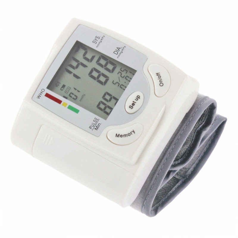 Bærbar manchet håndled blodtryksmåler automatisk lcd display håndled blodtryk pulsmåler pulsometer tonometer
