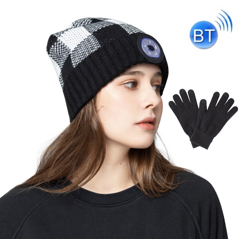 M3- bl bluetooth-led-musik-headset-hut damen warme nachtbeleuchtung hut: Schwarz-weißer handschuh