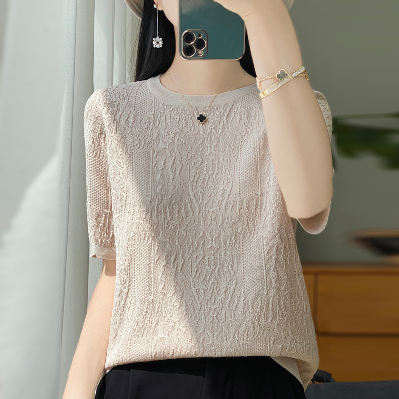 Dam-t-shirt sommartröja i ull med kamgarn kortärmad avslappnad enfärgad damkläder rund hals toppar lös blus: Xxl / Beige