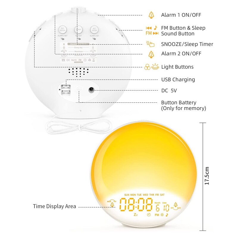 Wake Up Light Sunrise Alarm Clock For Kids Heavy Sleepers Bedroom With Sunrise Simulation Sleep Aid Dual Alarms