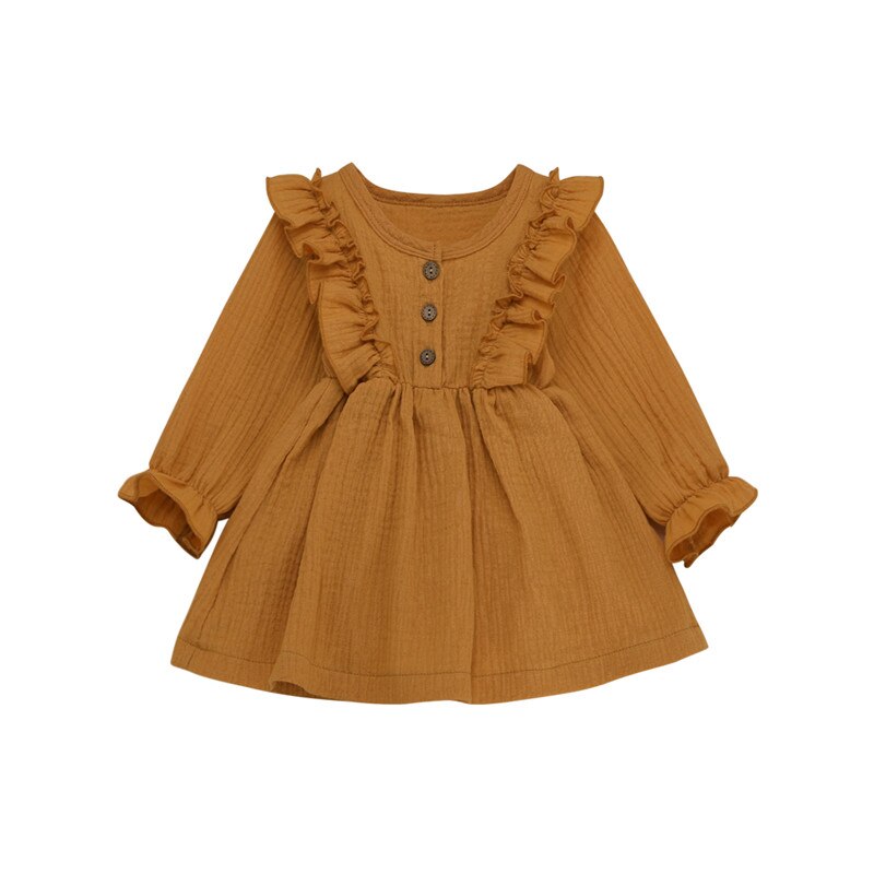 1-6 Years Kids Baby Girl Autumn Dress Ruffles Long Sleeve Solid Party Dresses For Girls Slim Waist Dress Girls Clothes: YELLOW / 2T