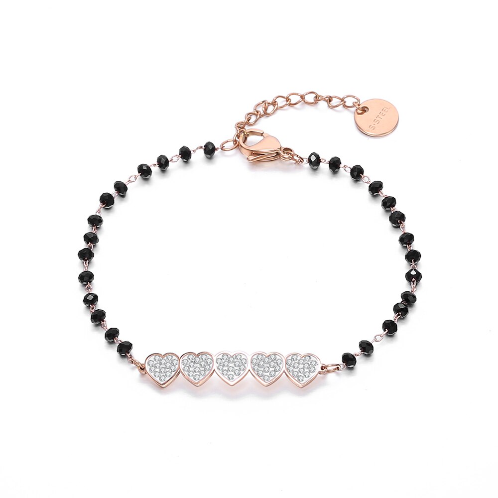 Roestvrij Staal Zwarte Kristal Kralen Armband Voor Vrouwen Rose Gold Hearts Charms Armband Valentines Niet Vervagen Meisjes Sieraden: Rose Gold