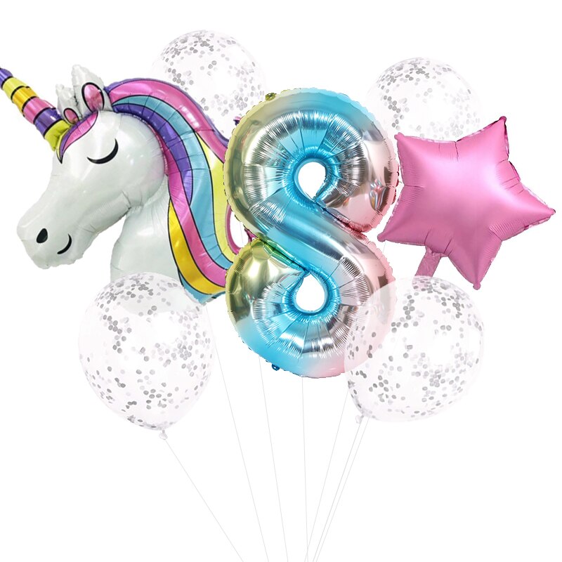 7 st regnbåge unicorn party ballonger unicorn födelsedagsdekoration nummer ballong barn födelsedagsfest dekoration för tjejer: 8 enhörning