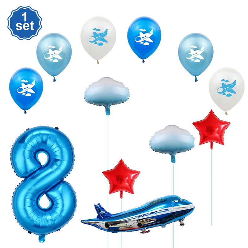 Airplane Foil Balloon Set 32in Number Balloons Banner Kids Boys Girls Airplane Birthday Decorations Aviator Baby Shower Supplies
