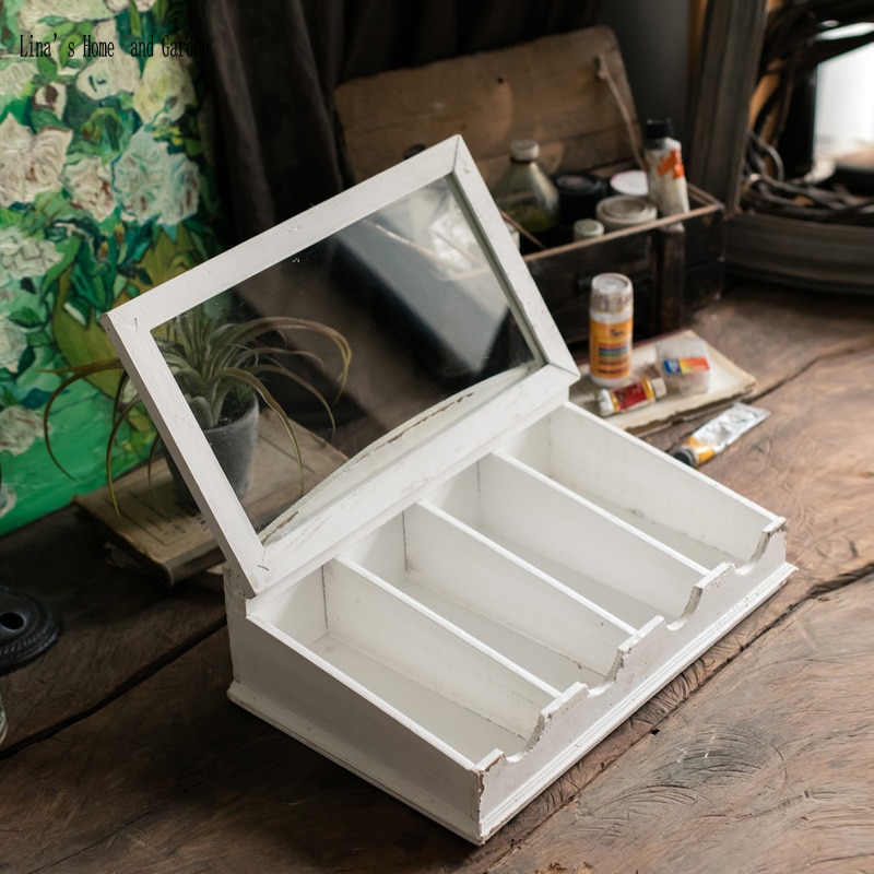 slanted shabby white antique wooden cutlery box with glass hinged lid