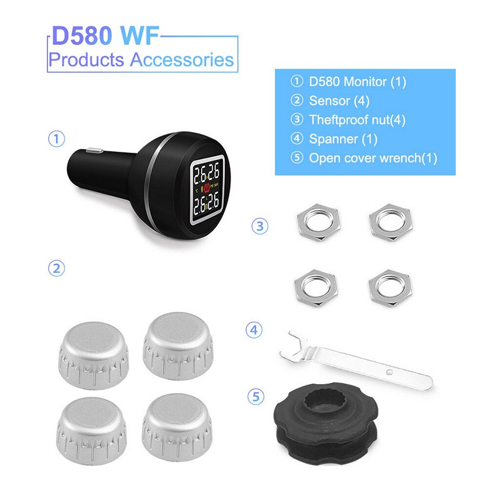 D580 bil tpm däcktryck och temperaturövervakningssystem med usb-uttag 4 externa sensorer