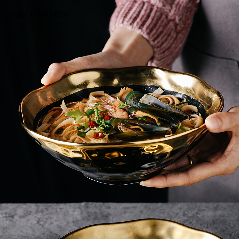 Nordic Ceramic Bowl White Black Gold Side Bowl Household Large Personality Xin Ramen Udon Noodles Korean Bibimbap Salad Bowl