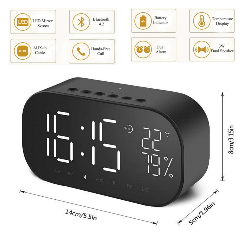 Led Wekker Met Fm Radio Draadloze Bluetooth Speaker Spiegel Display Ondersteuning Aux Tf Usb Muziekspeler Draadloze Voor Kantoor thuis